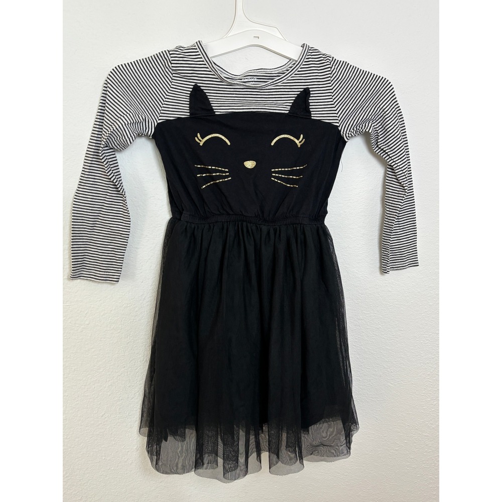 Carters Girls Size 7 Black Striped Cat Tulle Tutu Dress Long Sleeve Gold Whisk